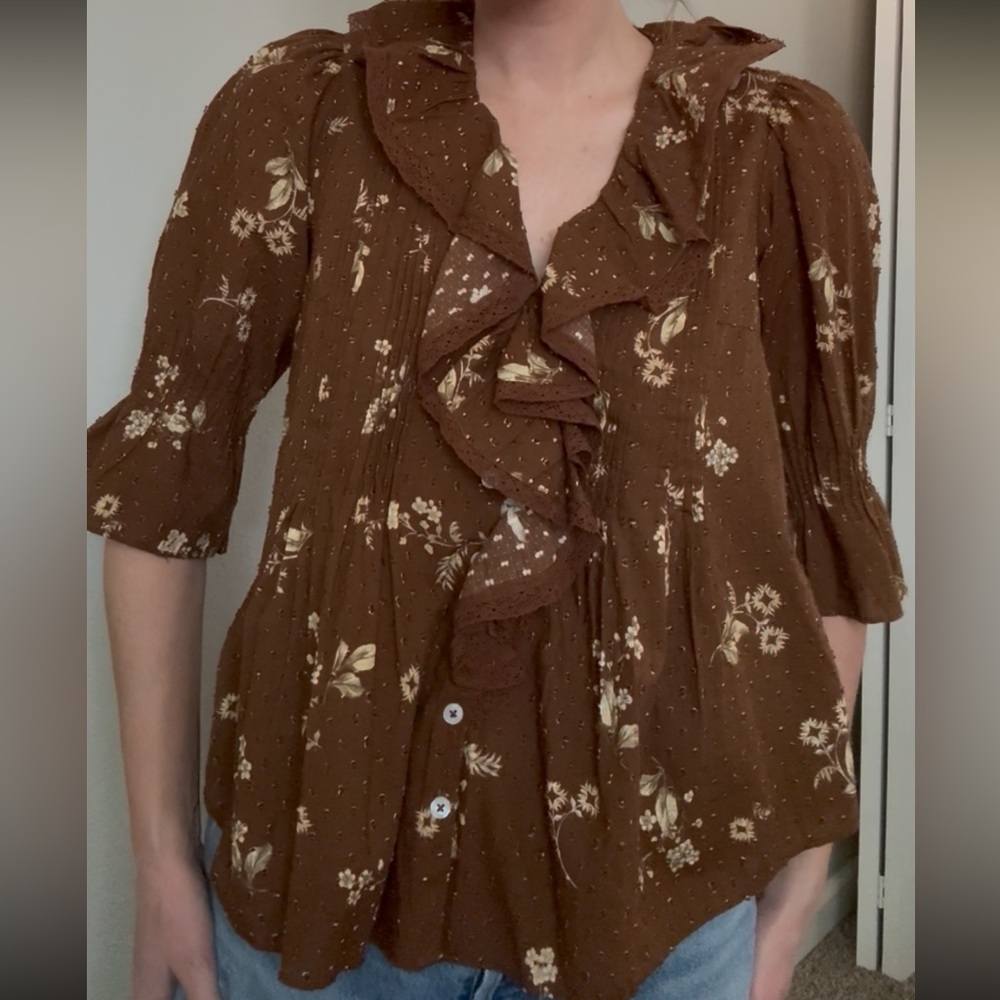 Anthropologie Brown Floral Ruffle Blouse